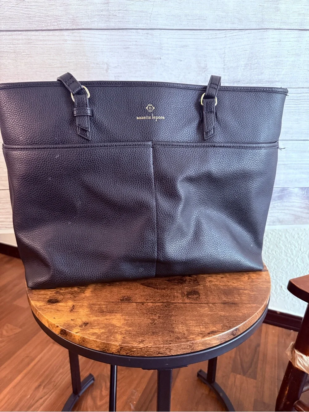 Nanette Lepore Black Pebbled Tote with Gold Logo